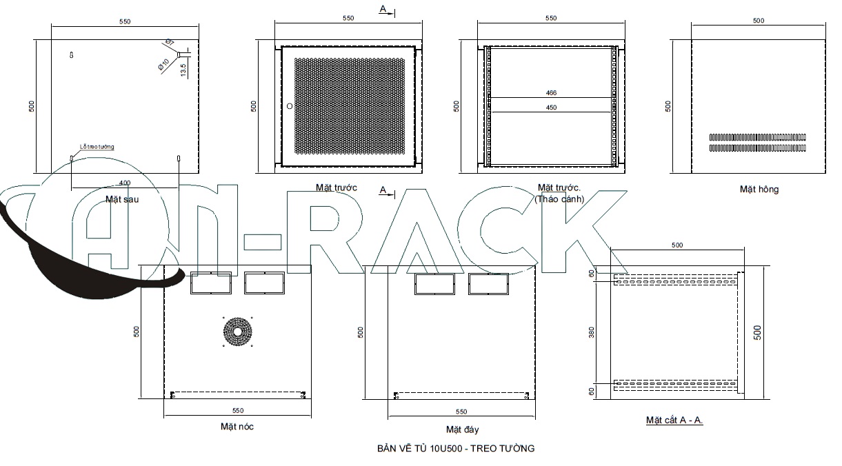 Tủ mạng, tủ rack 10U sâu 500 màu ĐEN hiệu AnRack, mã AR-1050XFINT
